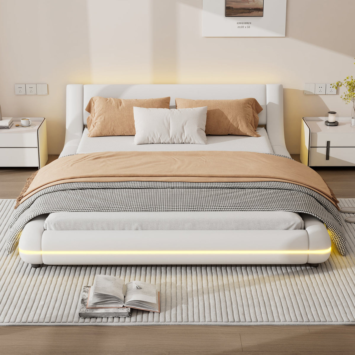 Flatbed Floor Bed with LED Ambient Light, 140x200cm, White PU