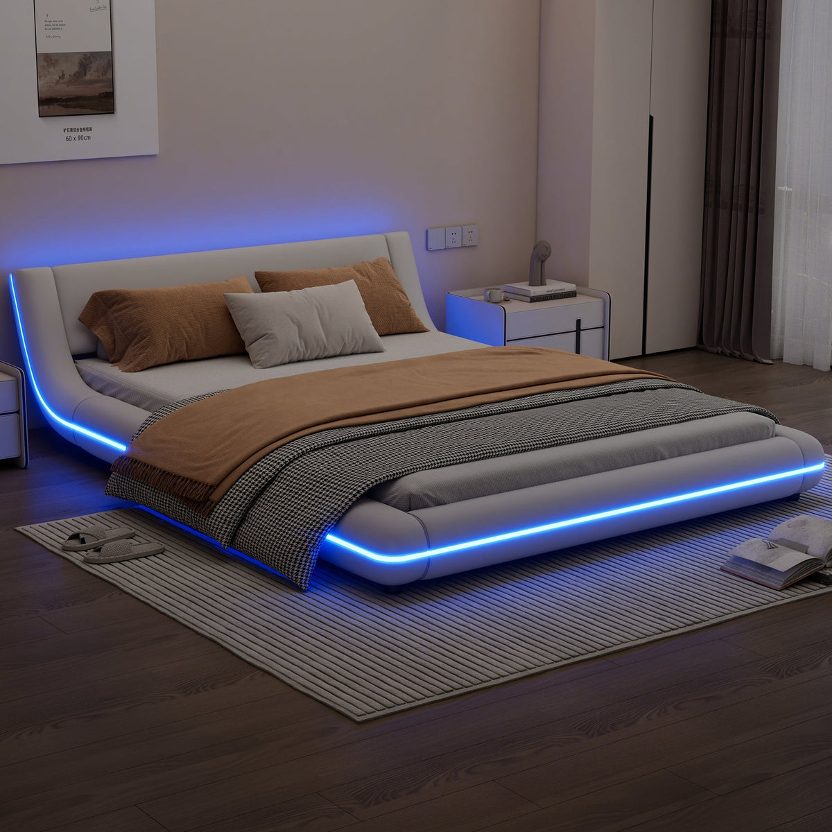 Flatbed Floor Bed with LED Ambient Light, 140x200cm, White PU