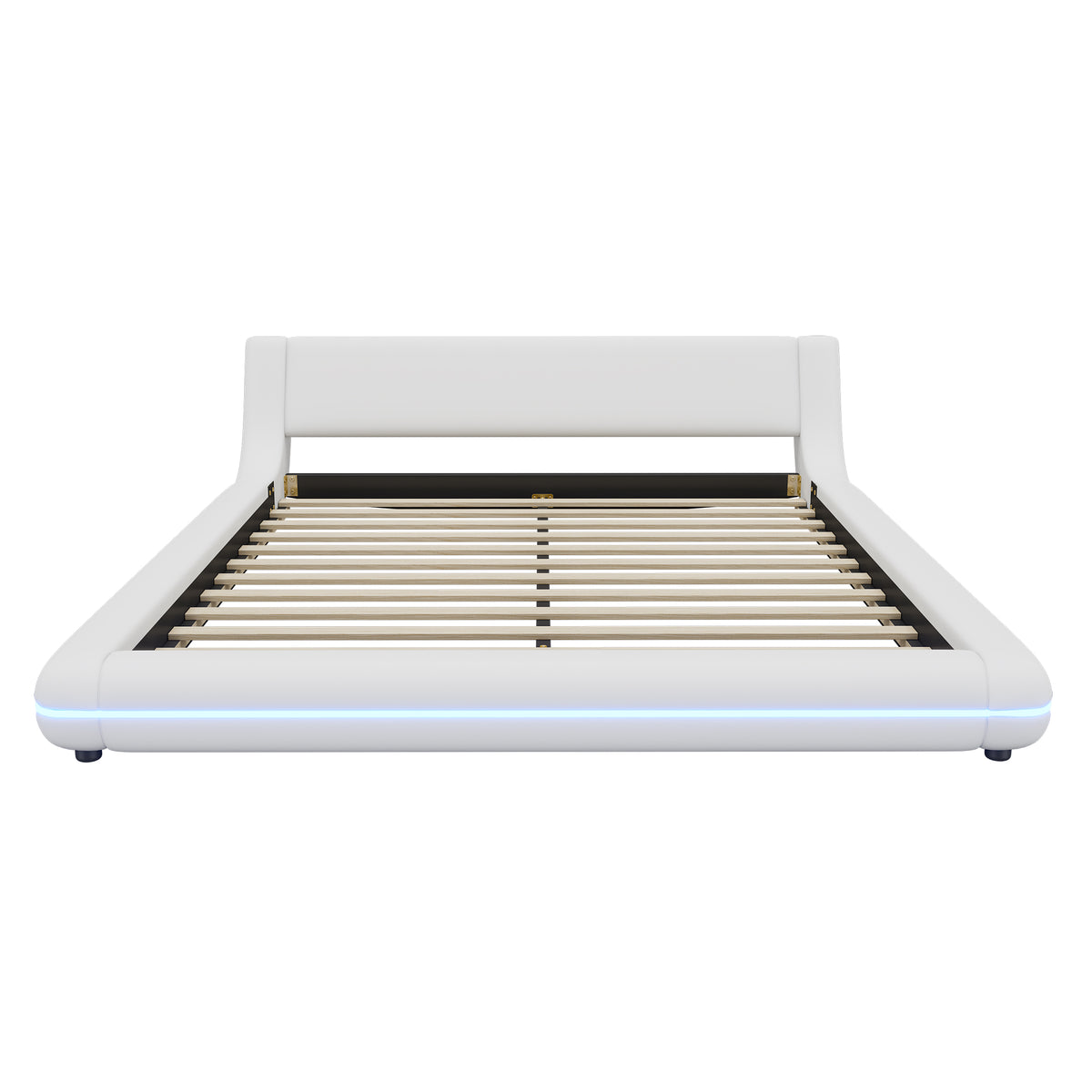 Flatbed Floor Bed 160x200cm with LED Ambient Light, White PU