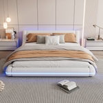 Flatbed Floor Bed 160x200cm with LED Ambient Light, White PU