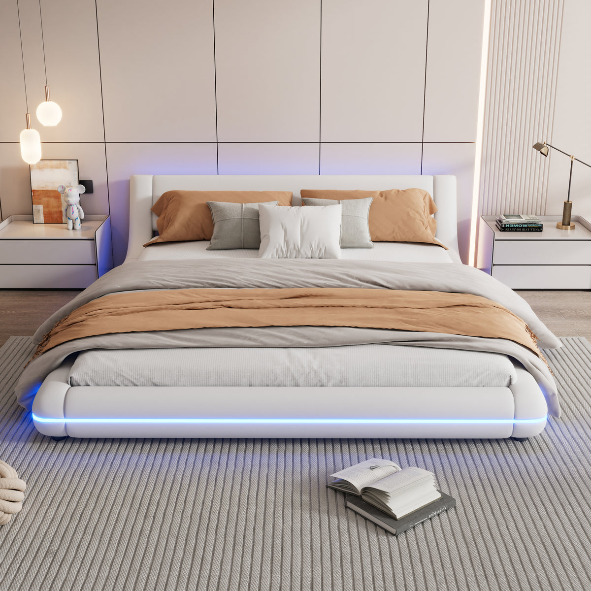Flatbed Floor Bed 160x200cm with LED Ambient Light, White PU