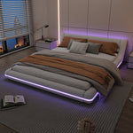 Flatbed Floor Bed 160x200cm with LED Ambient Light, White PU