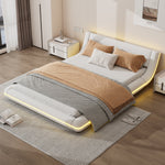 Flatbed Floor Bed with LED Ambient Light, 140x200cm, White PU