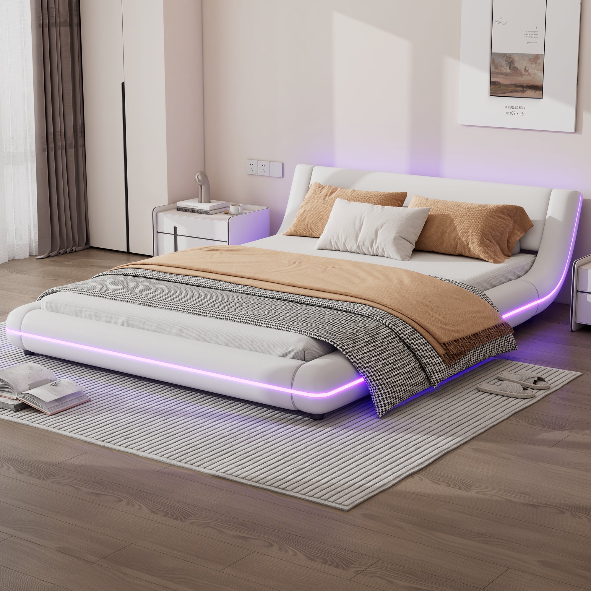 Flatbed Floor Bed with LED Ambient Light, 140x200cm, White PU