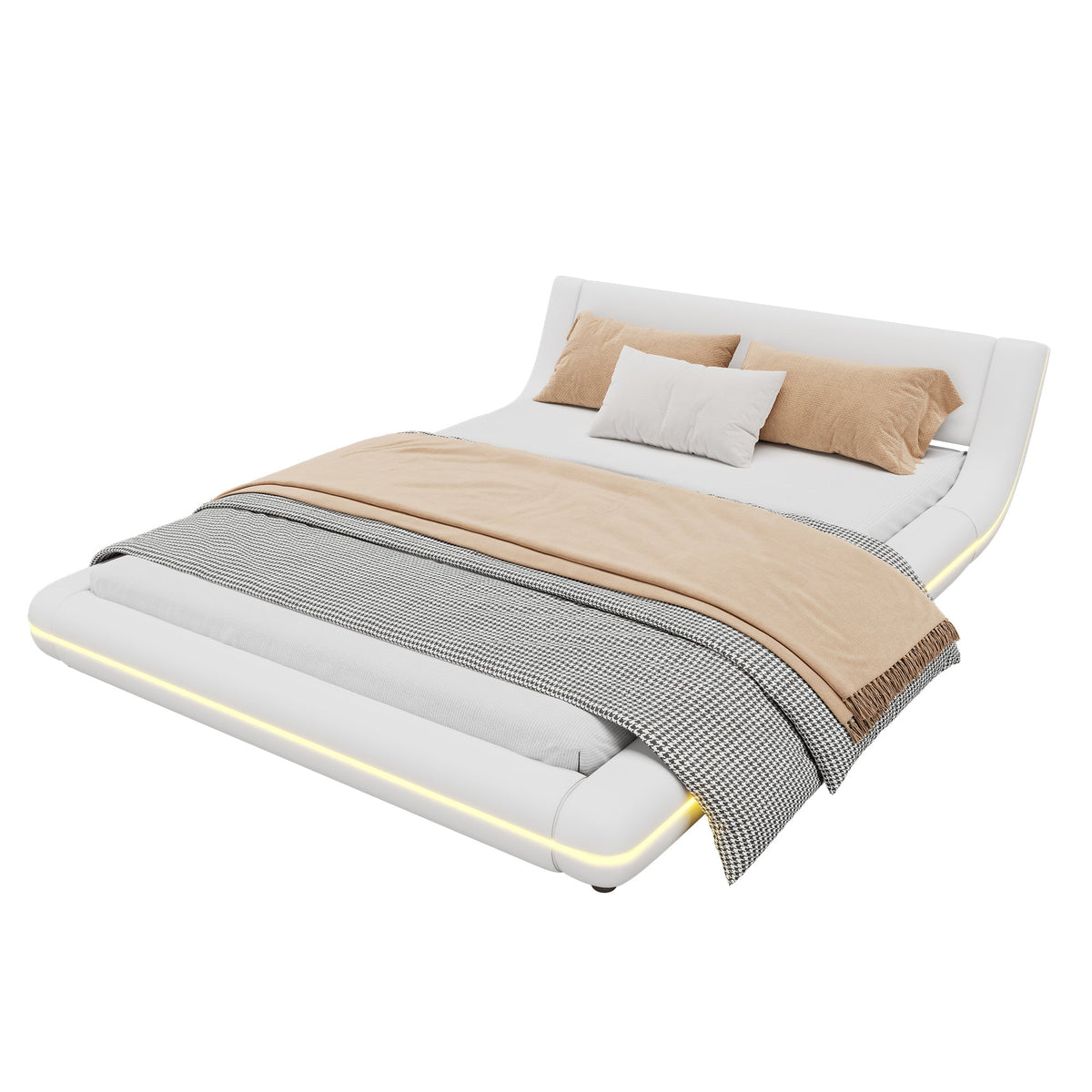 Flatbed Floor Bed with LED Ambient Light, 140x200cm, White PU