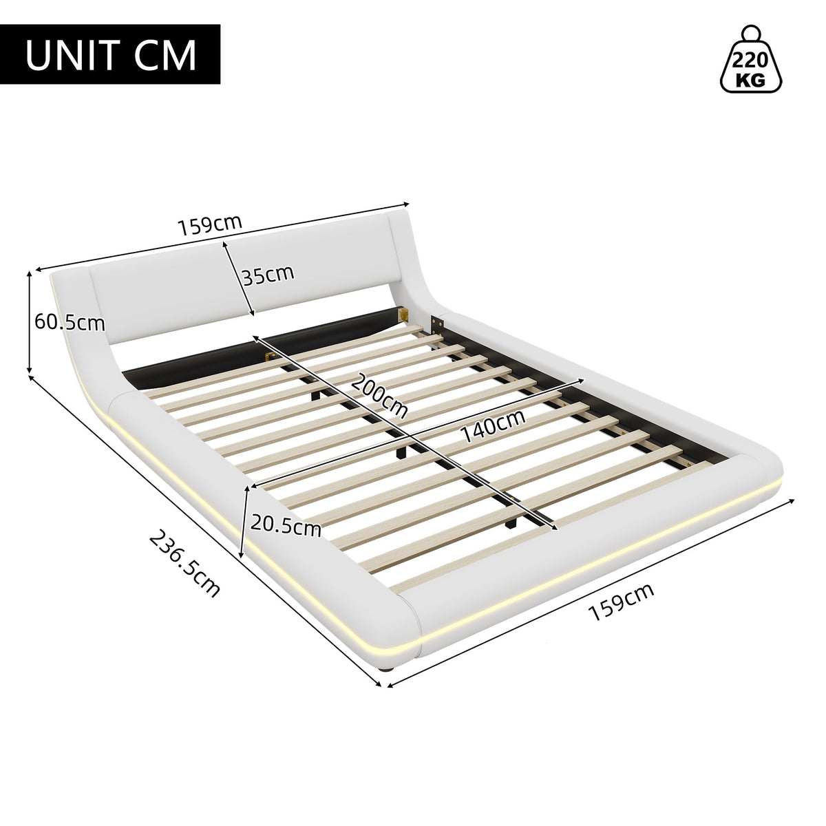 Flatbed Floor Bed with LED Ambient Light, 140x200cm, White PU