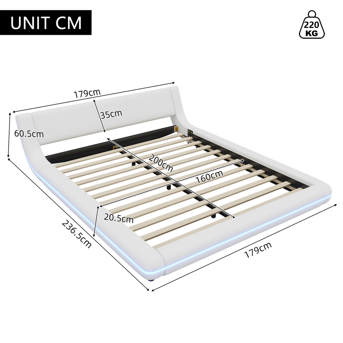 Flatbed Floor Bed 160x200cm with LED Ambient Light, White PU