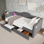 Upholstered Bed Daybed Sofa Bed Storage Bed with USB-C, 2 Drawers, 90x200cm, Grey Linen