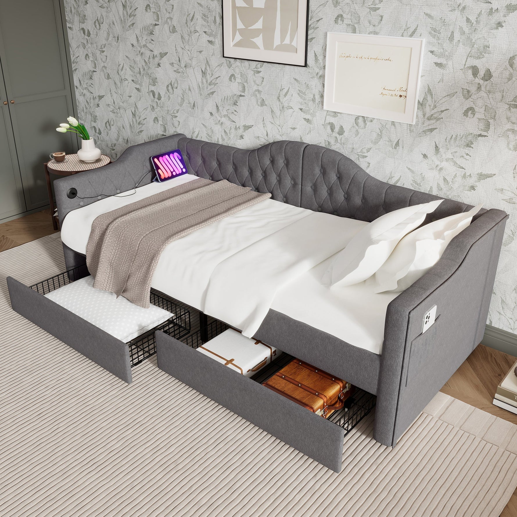 Upholstered Bed Daybed Sofa Bed Storage Bed with USB-C, 2 Drawers, 90x200cm, Grey Linen