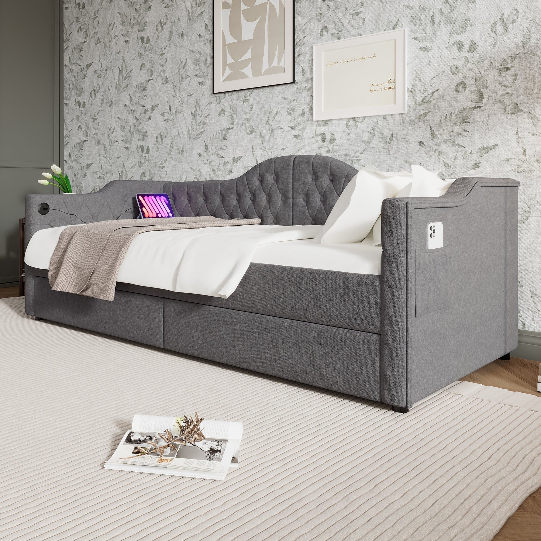 Upholstered Bed Daybed Sofa Bed Storage Bed with USB-C, 2 Drawers, 90x200cm, Grey Linen