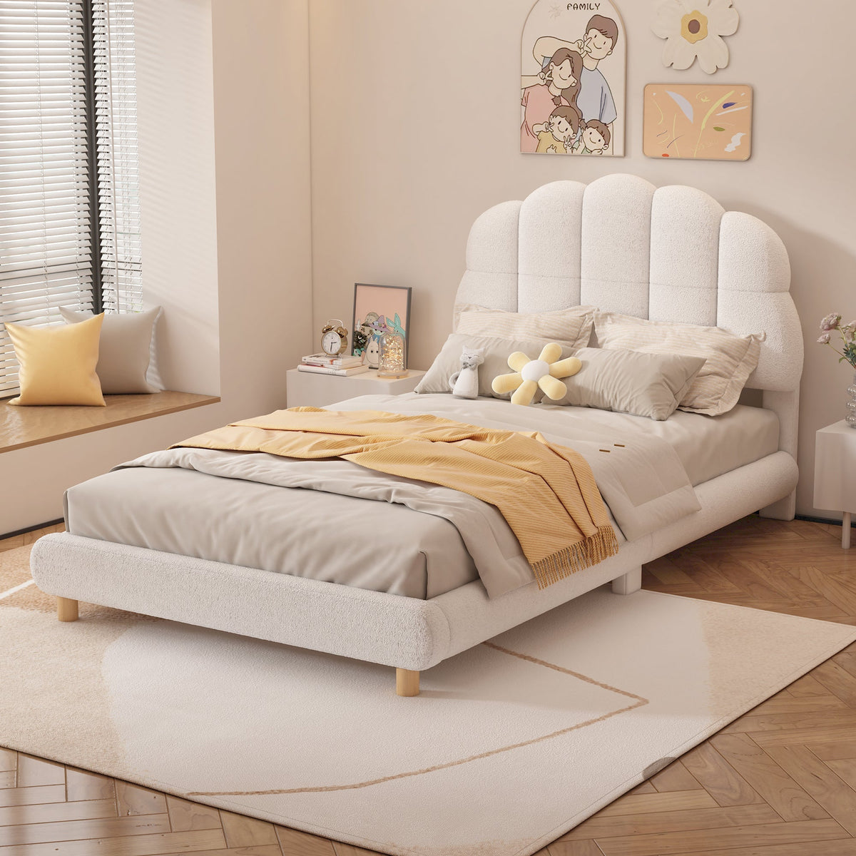 Children's Flat Bed 90x200cm Plush Cute Headboard - White