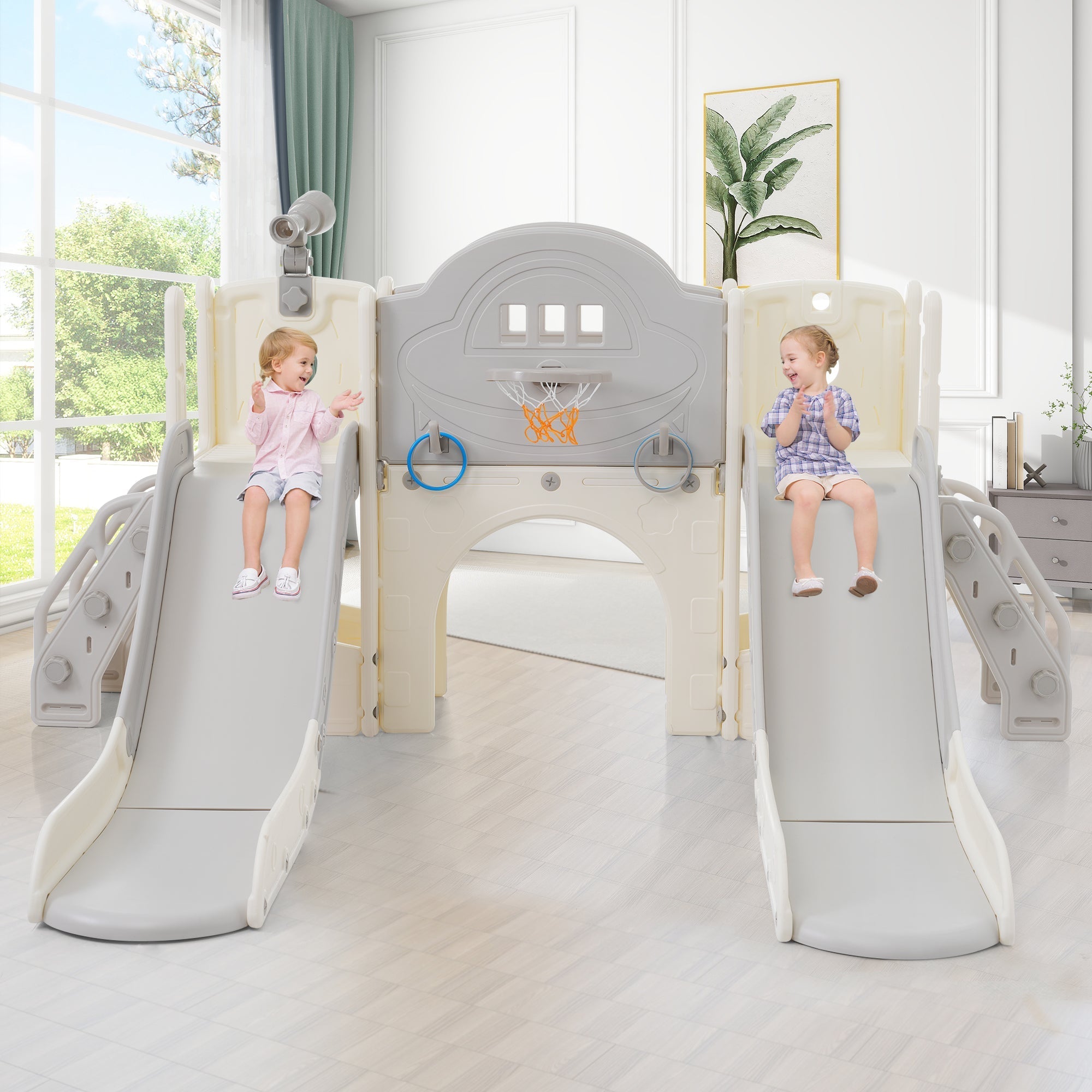 8-in-1 children's slide climbing toy, multifunctional with 2 slides, freestanding, climbing, drilling game, storage, play corridor, basketball hoop, lasso game, telescope
