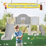 Kids Slide Climbing Toy, 10-in-1 Multifunctional Freestanding Slide with Climbing, Basketball Hoop, Golf Game