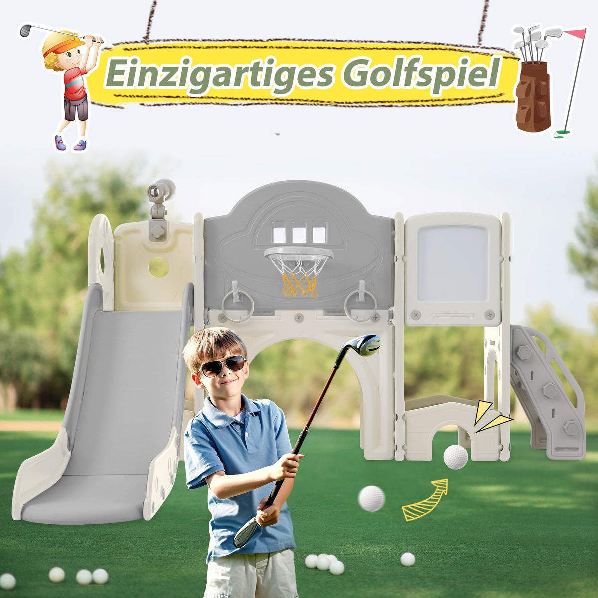 Kids Slide Climbing Toy, 10-in-1 Multifunctional Freestanding Slide with Climbing, Basketball Hoop, Golf Game