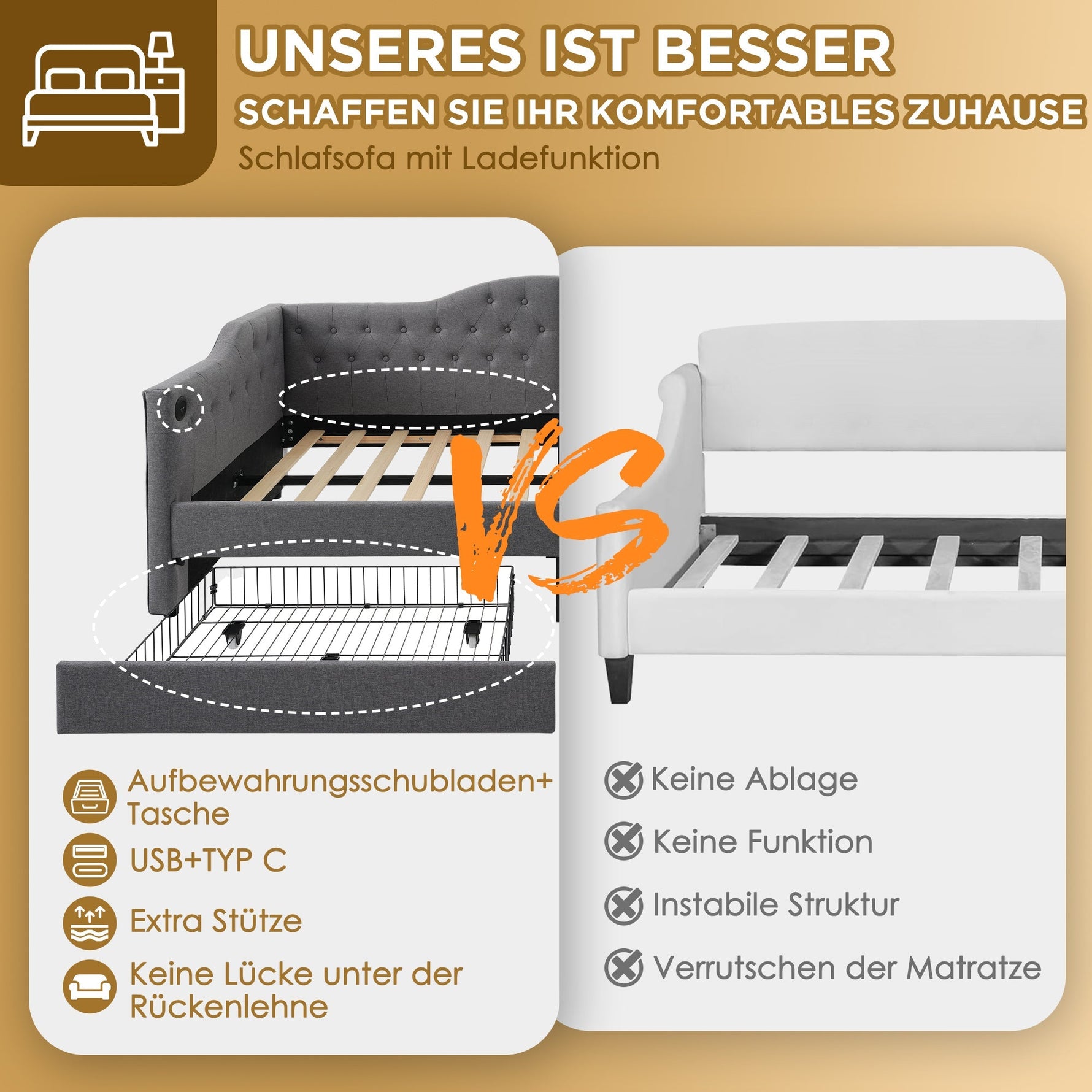 Upholstered Bed Daybed Sofa Bed with USB Type C & 2 Drawers, Grey Linen