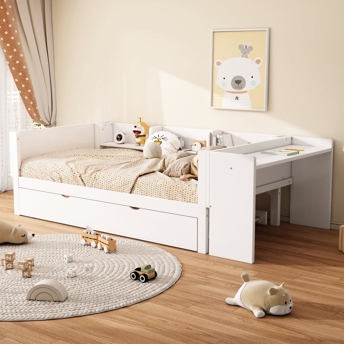 Flat Bed 90x200cm Pull-Out Bed with Desk & 3 Shelves - White