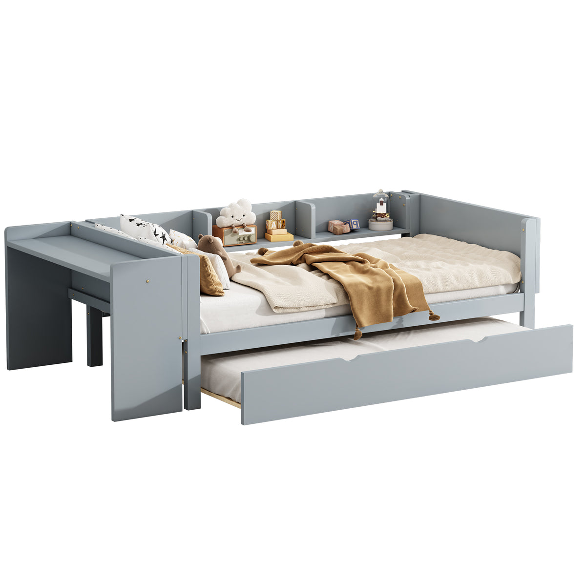 Flat Bed 90x200cm with Pull-Out Bed, Desk & Shelves - Grey