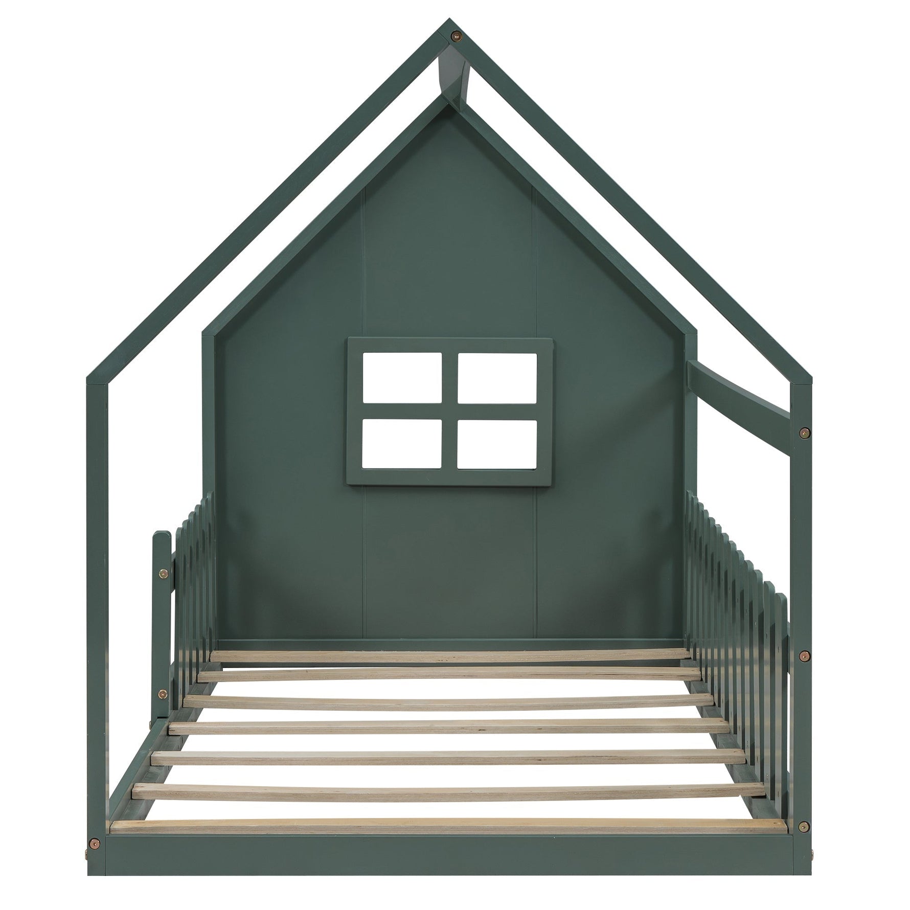 Children's Flat Bed 90x200cm House Rail - Green