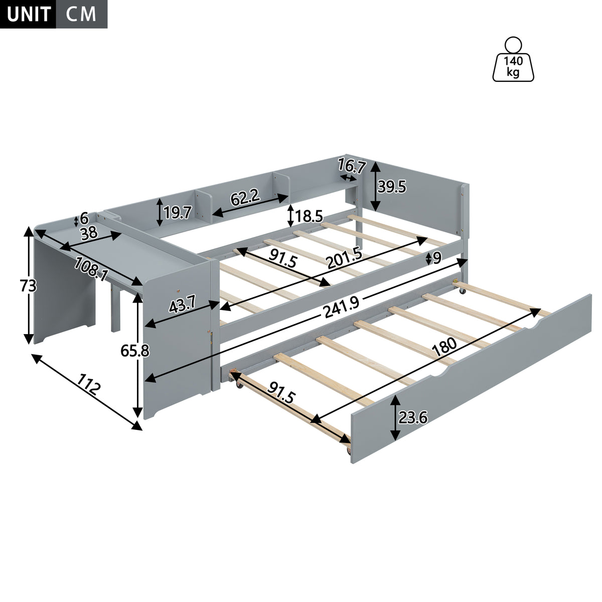 Flat Bed 90x200cm with Pull-Out Bed, Desk & Shelves - Grey