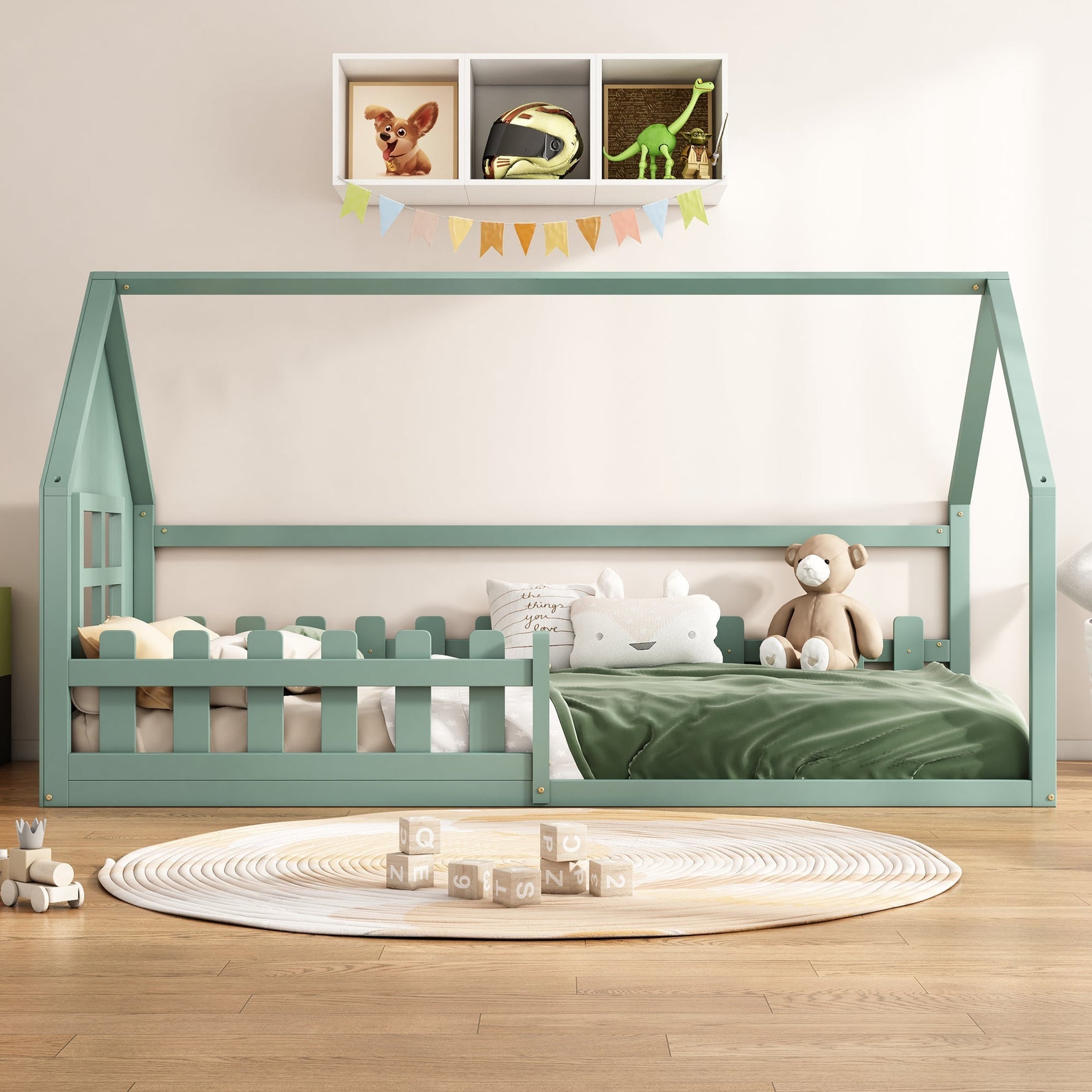 Children's Flat Bed 90x200cm House Rail - Green