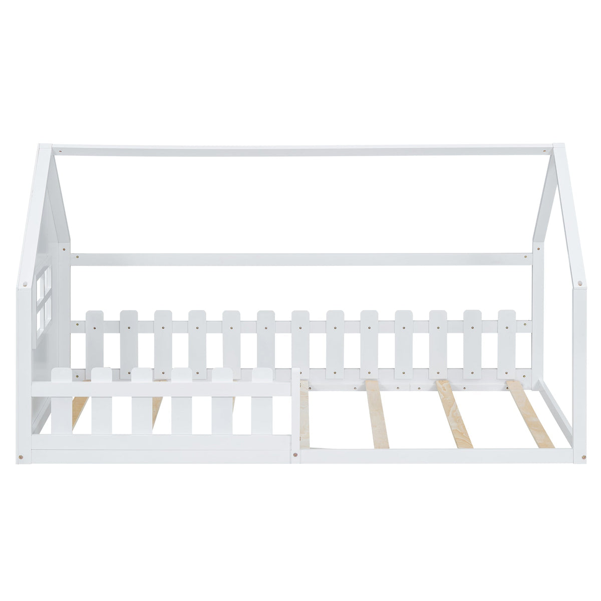 Children's Flat Bed 90x200cm House Rail - White