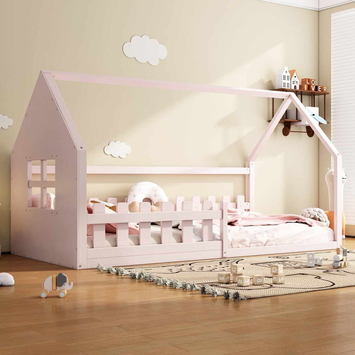 Children's Bed 90x200cm Flat Bed House Rail - Pink