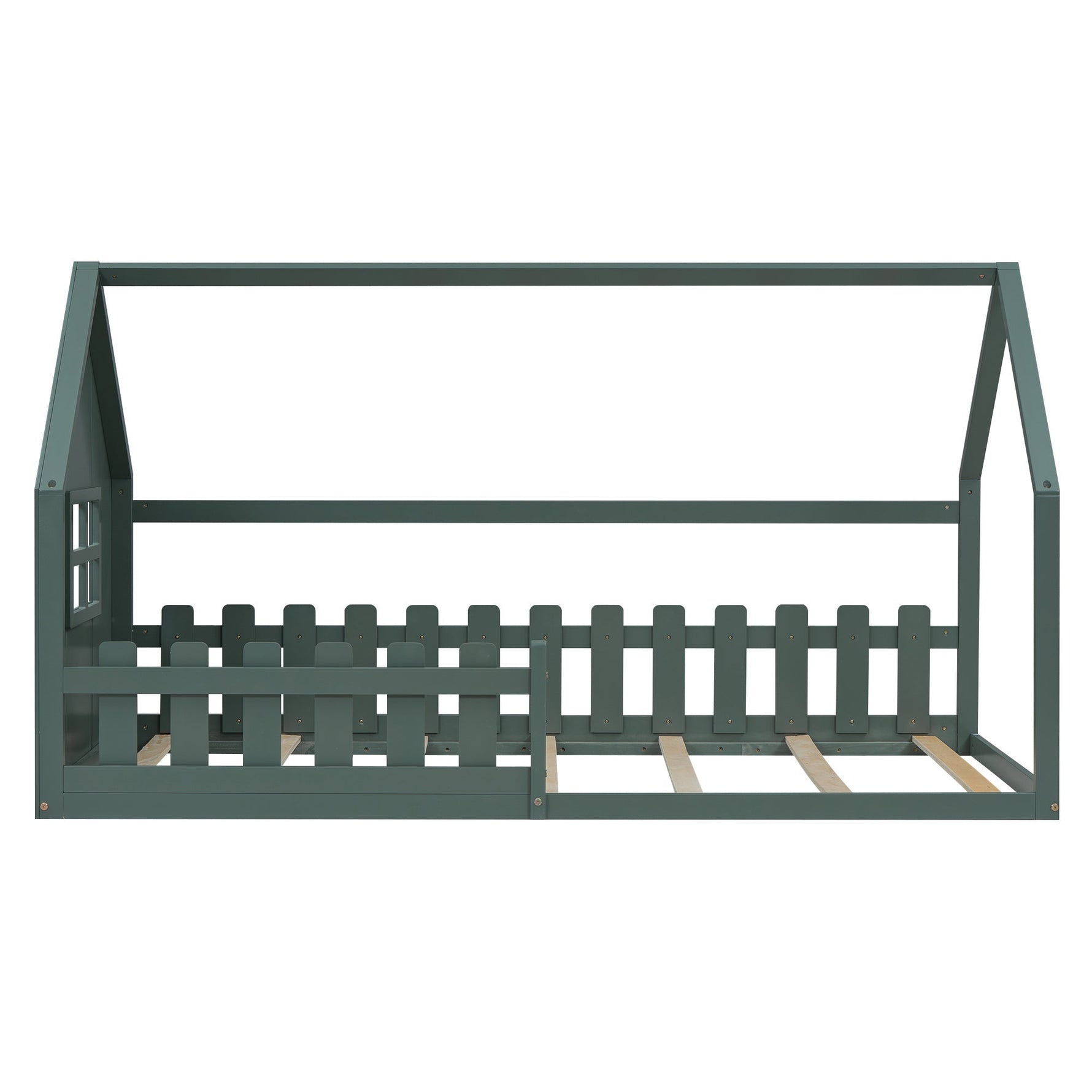 Children's Flat Bed 90x200cm House Rail - Green