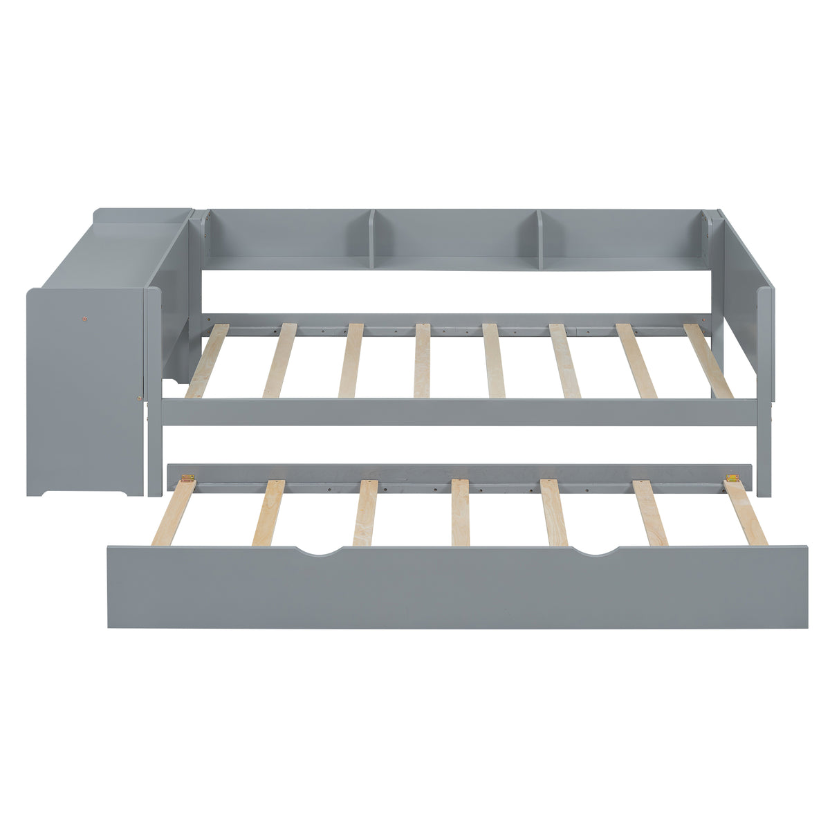 Flat Bed 90x200cm with Pull-Out Bed, Desk & Shelves - Grey