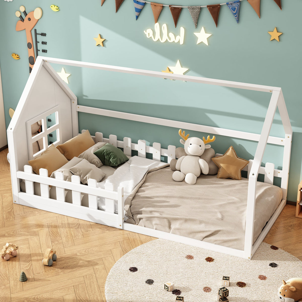 Children's Flat Bed 90x200cm House Rail - White