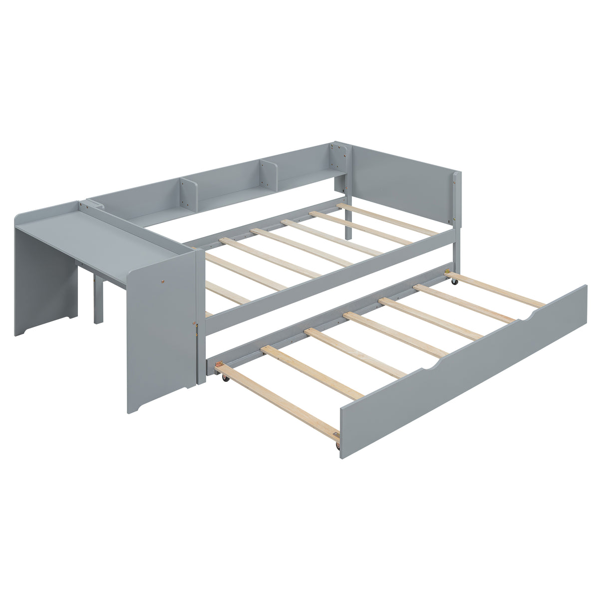 Flat Bed 90x200cm with Pull-Out Bed, Desk & Shelves - Grey