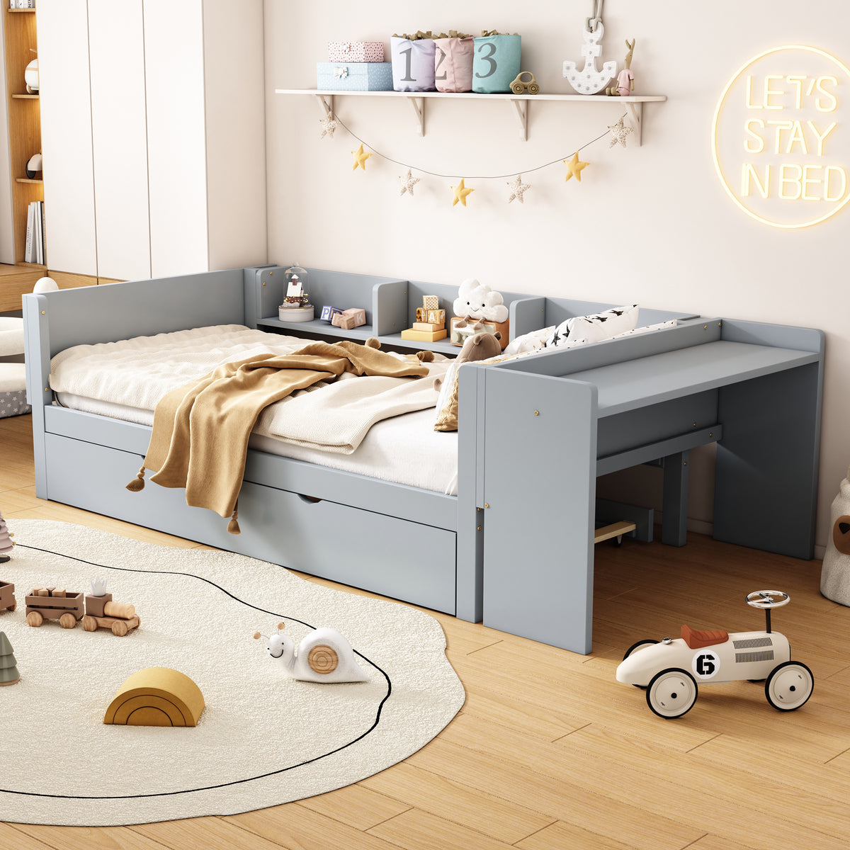 Flat Bed 90x200cm with Pull-Out Bed, Desk & Shelves - Grey