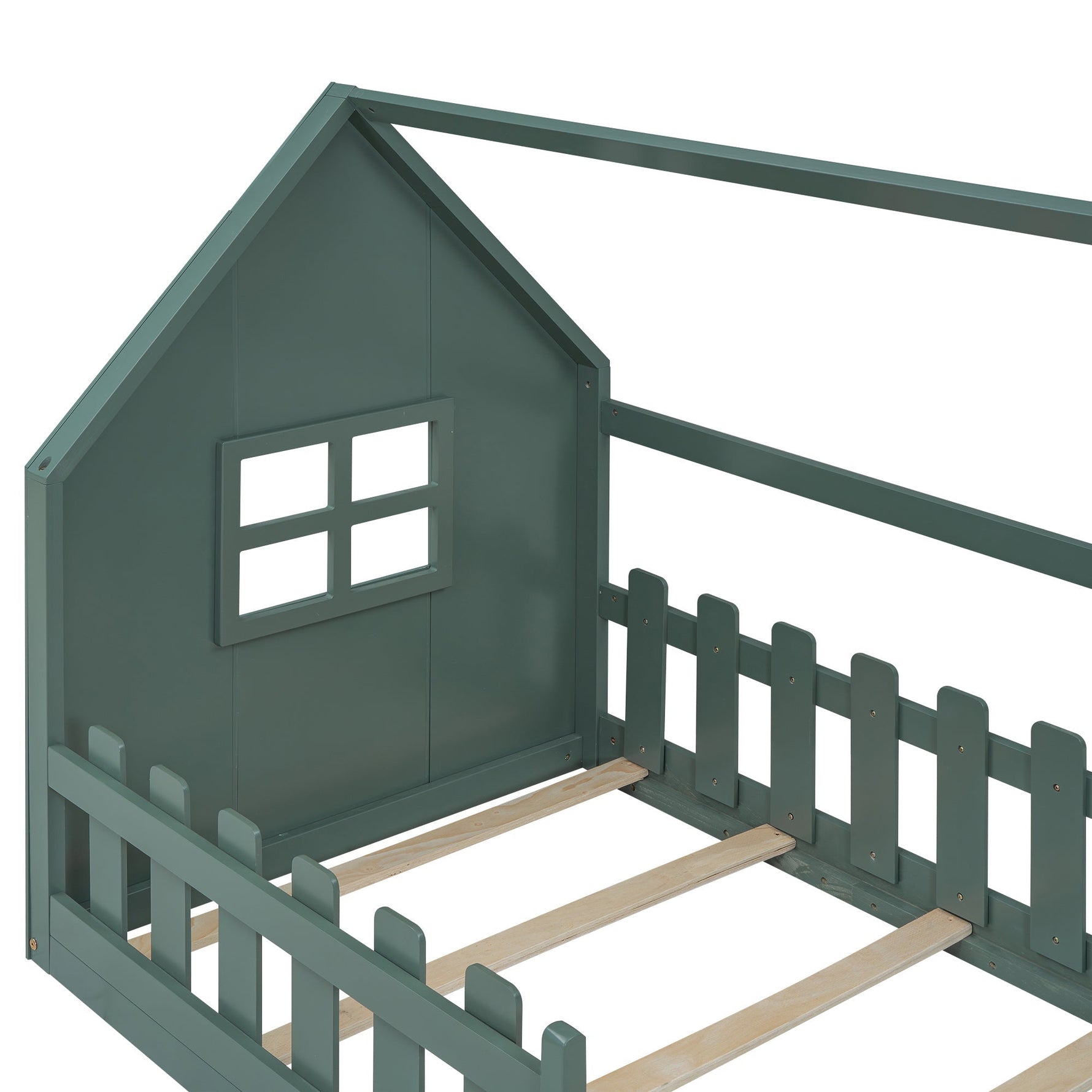 Children's Flat Bed 90x200cm House Rail - Green