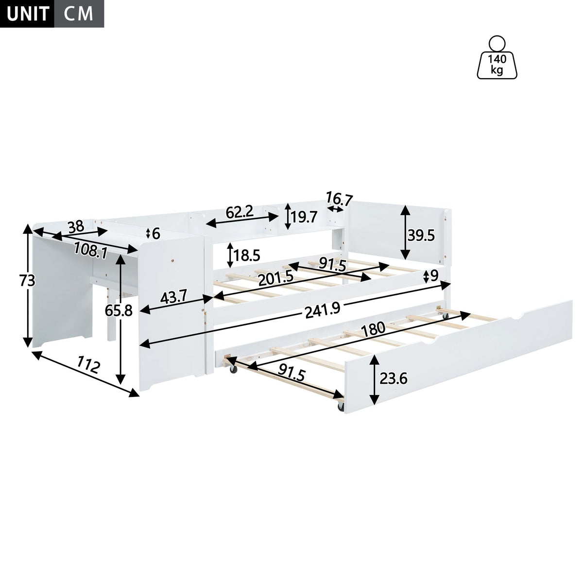 Flat Bed 90x200cm Pull-Out Bed with Desk & 3 Shelves - White
