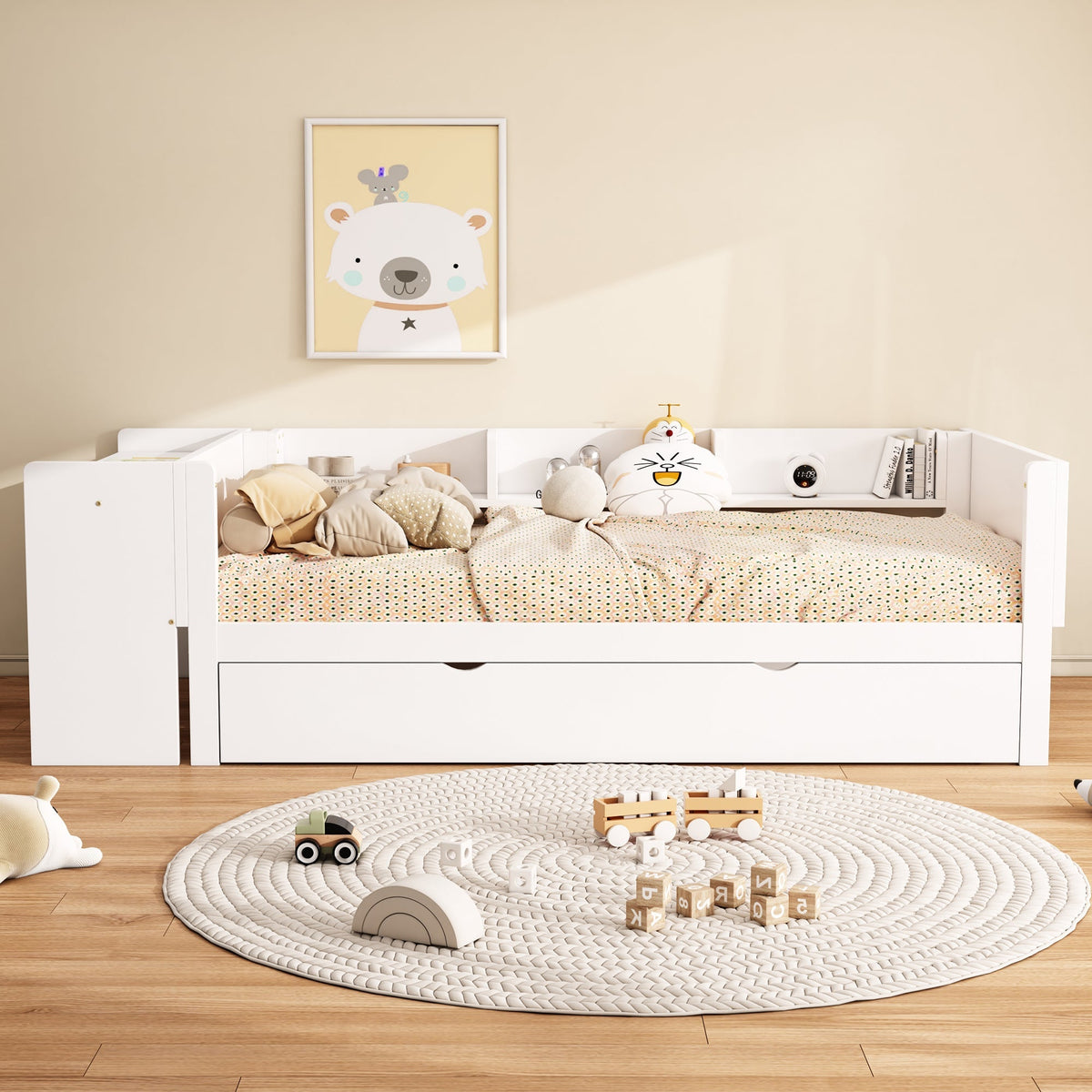 Flat Bed 90x200cm Pull-Out Bed with Desk & 3 Shelves - White