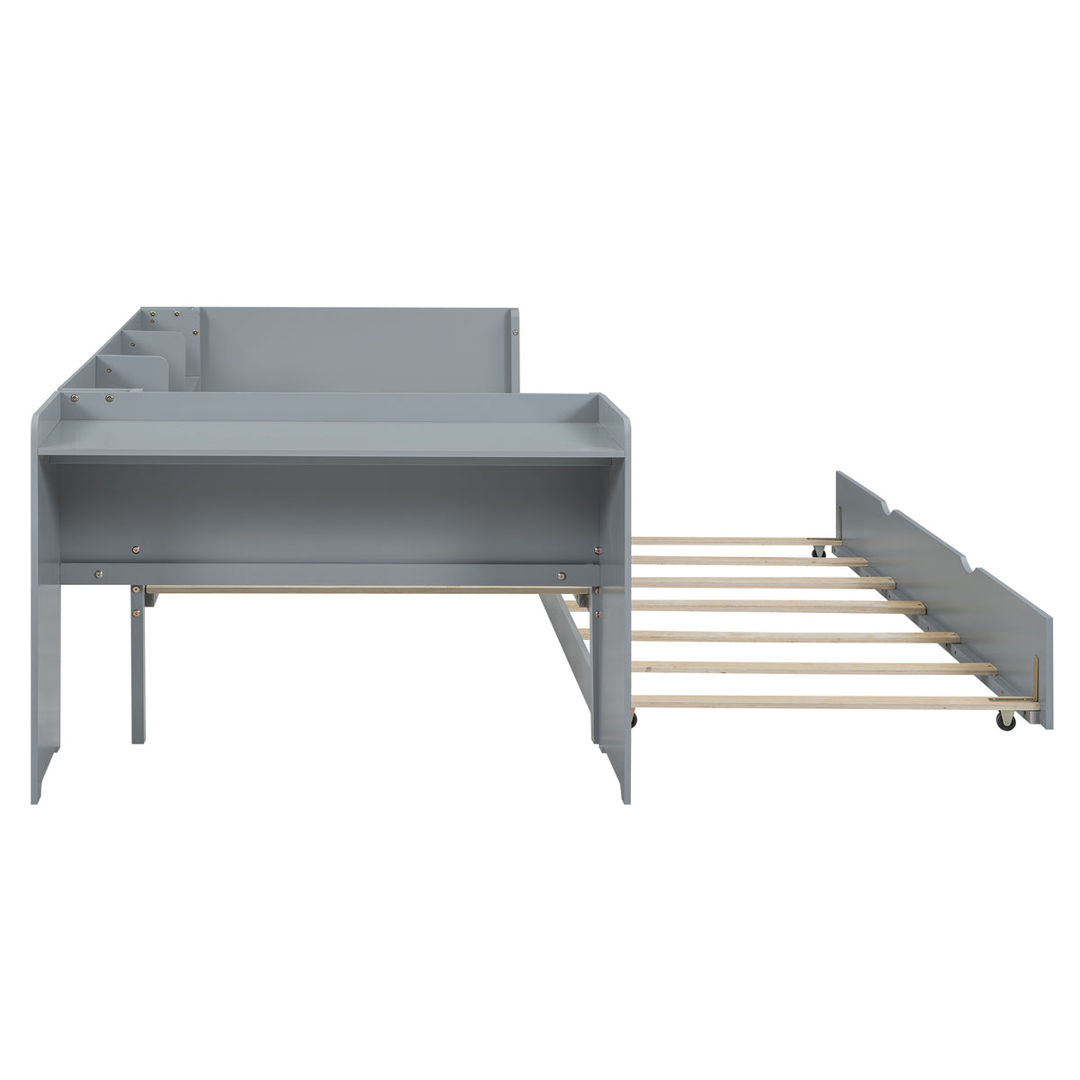 Flat Bed 90x200cm with Pull-Out Bed, Desk & Shelves - Grey