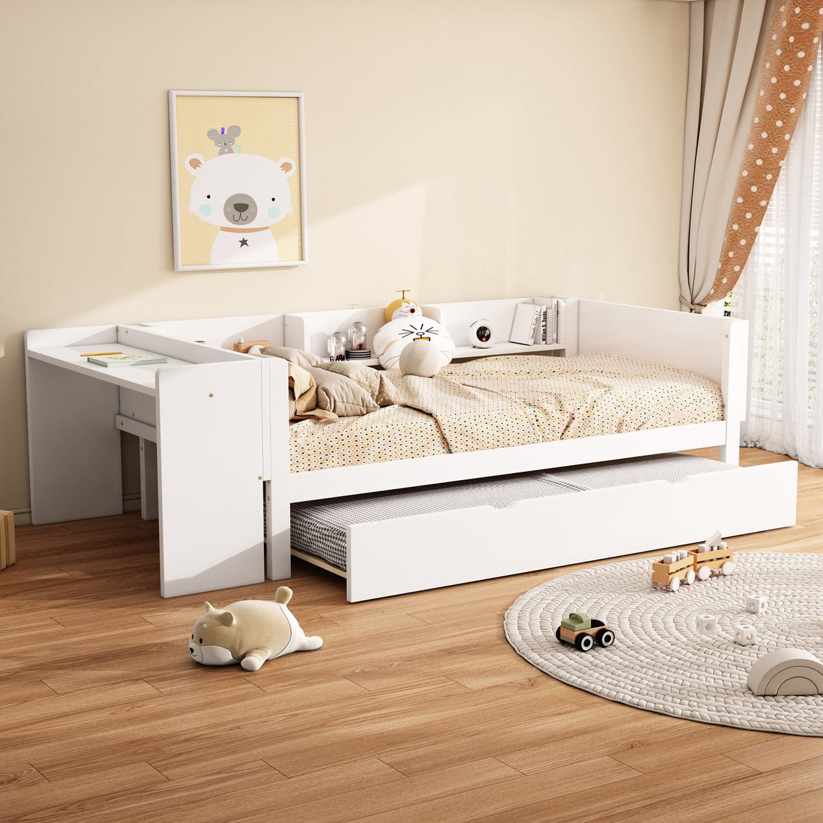 Flat Bed 90x200cm Pull-Out Bed with Desk & 3 Shelves - White