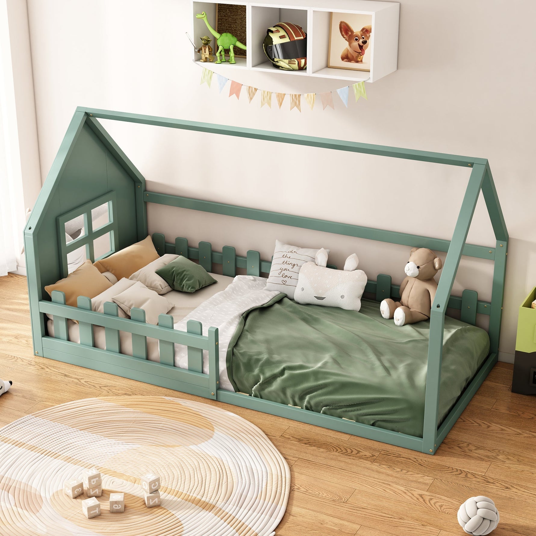Children's Flat Bed 90x200cm House Rail - Green