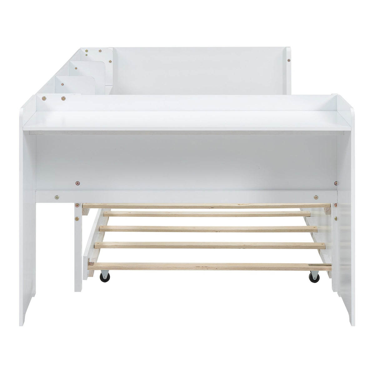 Flat Bed 90x200cm Pull-Out Bed with Desk & 3 Shelves - White