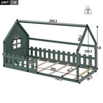 Children's Flat Bed 90x200cm House Rail - Green