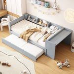 Flat Bed 90x200cm with Pull-Out Bed, Desk & Shelves - Grey