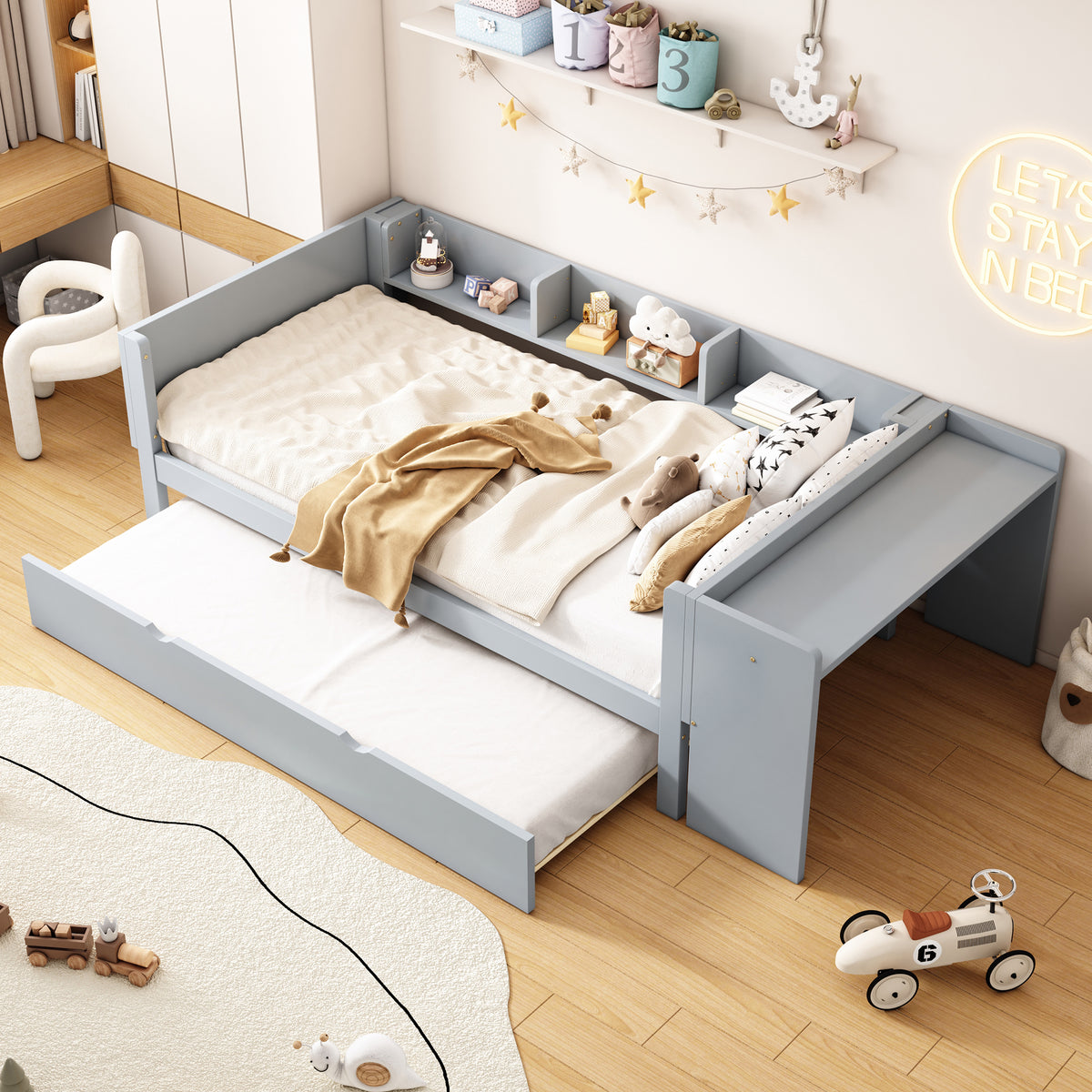 Flat Bed 90x200cm with Pull-Out Bed, Desk & Shelves - Grey