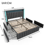 Upholstered Bed with USB Type C, LED & 4 Drawers, 160x200cm, Gray Wood