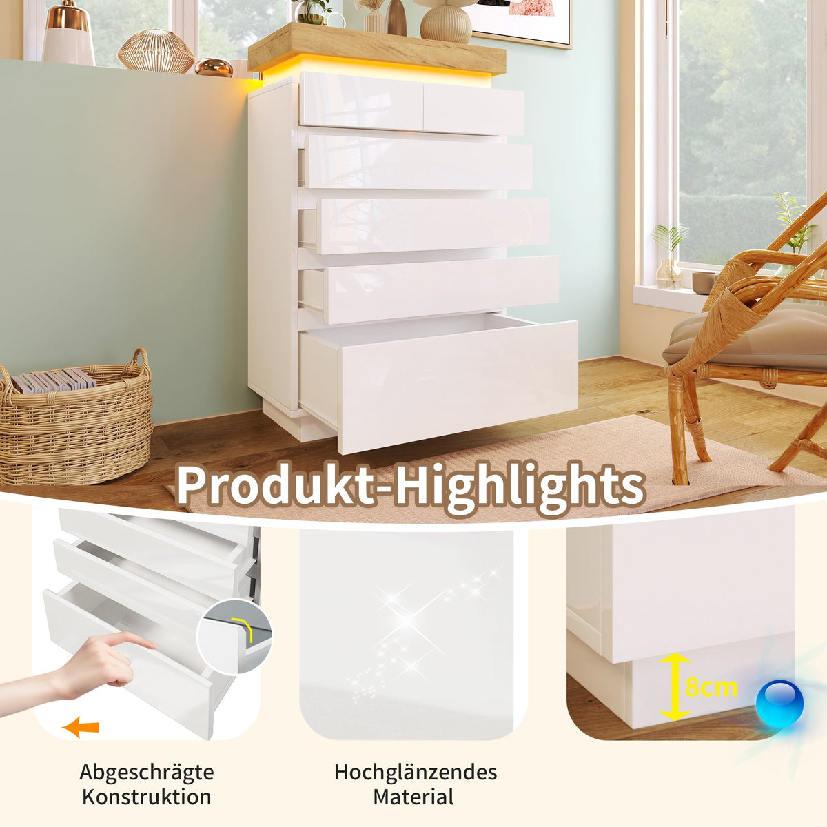Chest of Drawers, 6-Drawer LED High-Gloss Sideboard, White