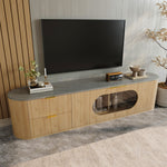 Modern Minimalist TV Cabinet with 3D Stripes and Glass Display, Wood Look and Grey Glass