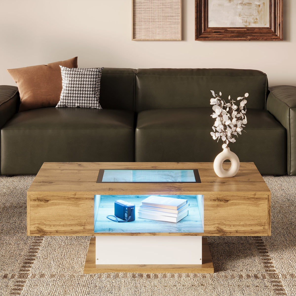 Coffee Table with Color-Changing LED Light, Glass, Two Drawers