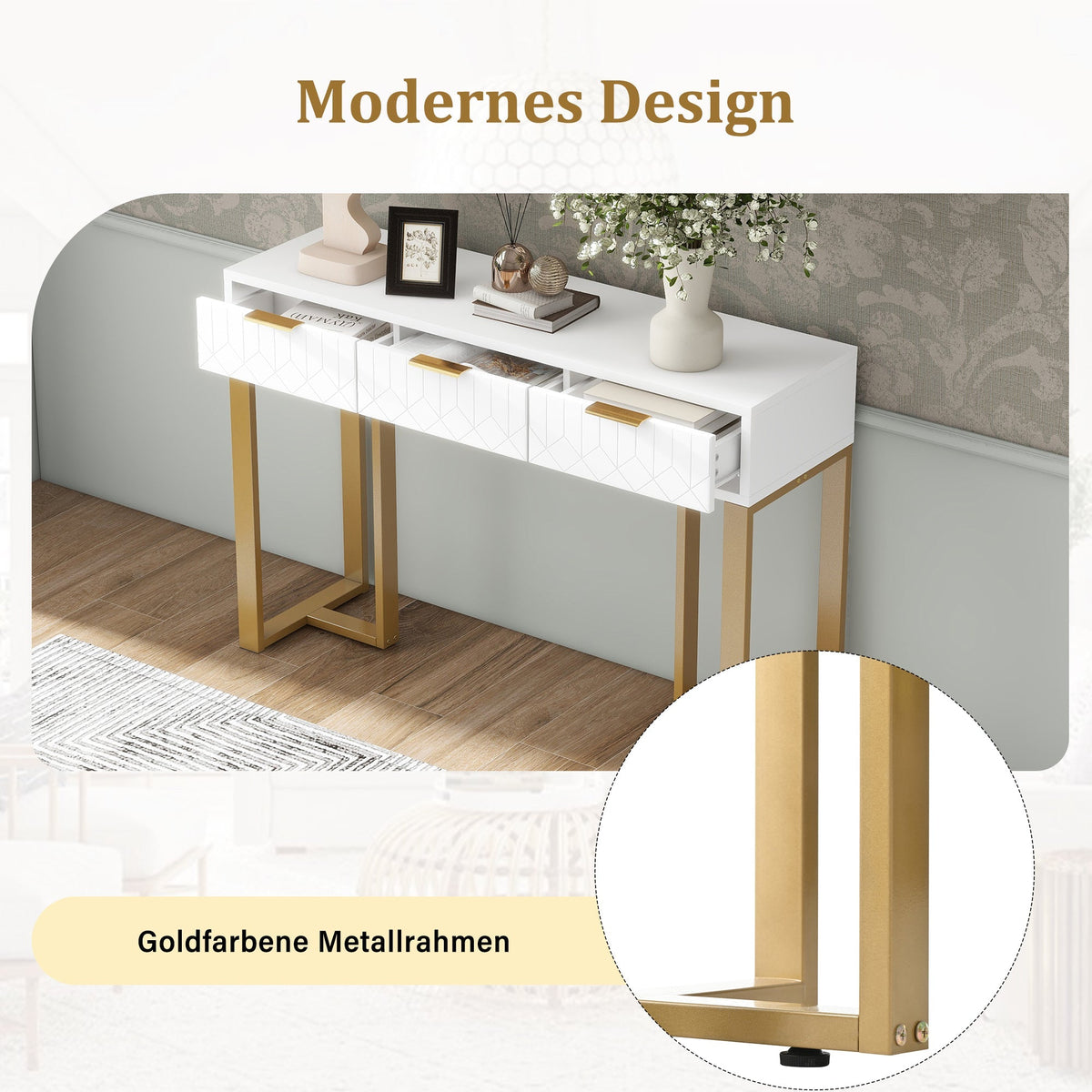 Modern Console Table - Drawers, Adjustable Foot Pads, Elegant Handles - White & Gold