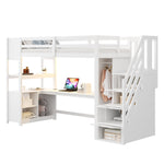 Wooden Loft Bed with Wardrobe, Desk, Storage Stairs, LED and Sockets, 90x200cm, White Pine + MDF