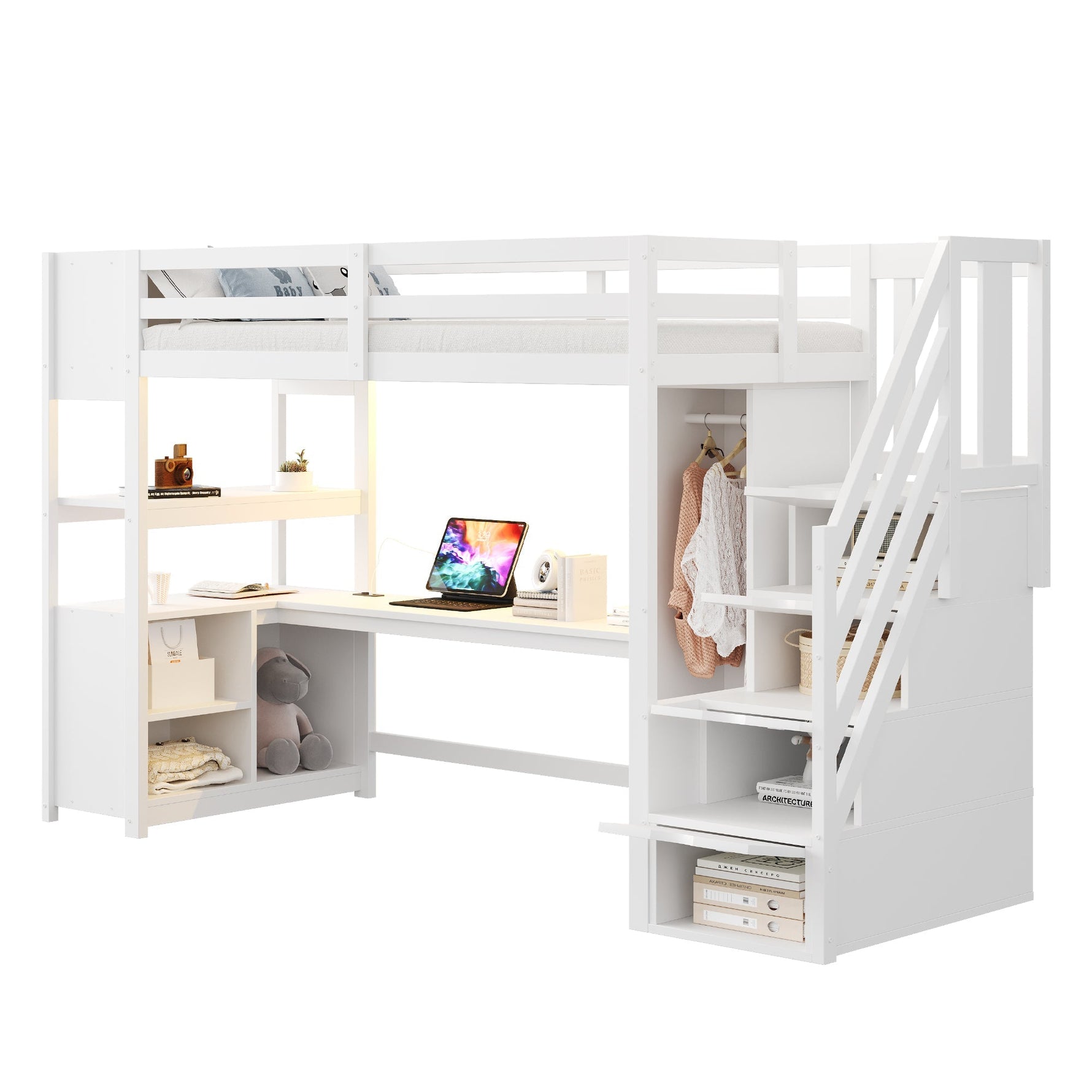 Wooden Loft Bed with Wardrobe, Desk, Storage Stairs, LED and Sockets, 90x200cm, White Pine + MDF