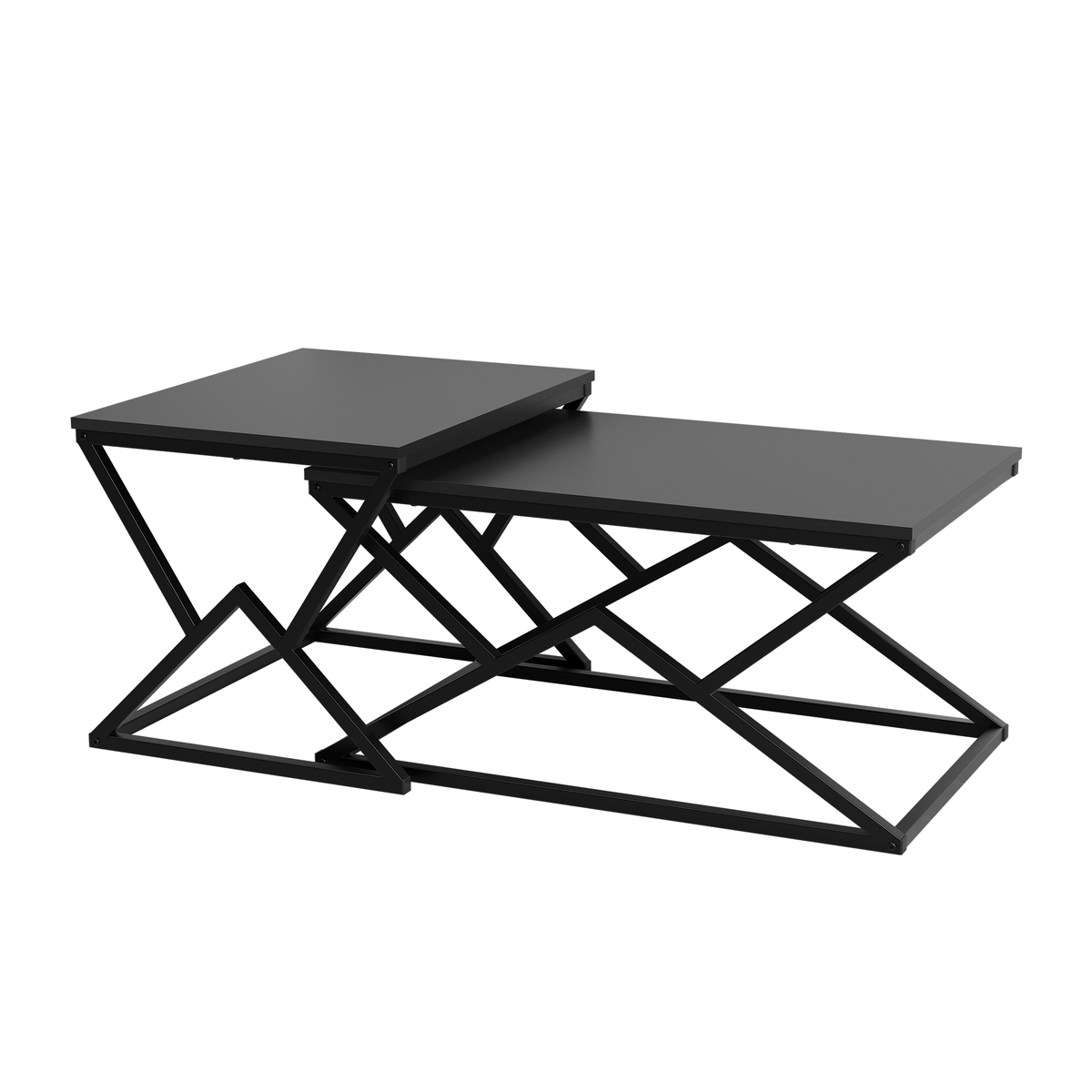 Geometric Coffee Table, Industrial Side Table with Metal Frame, Black Wood Top