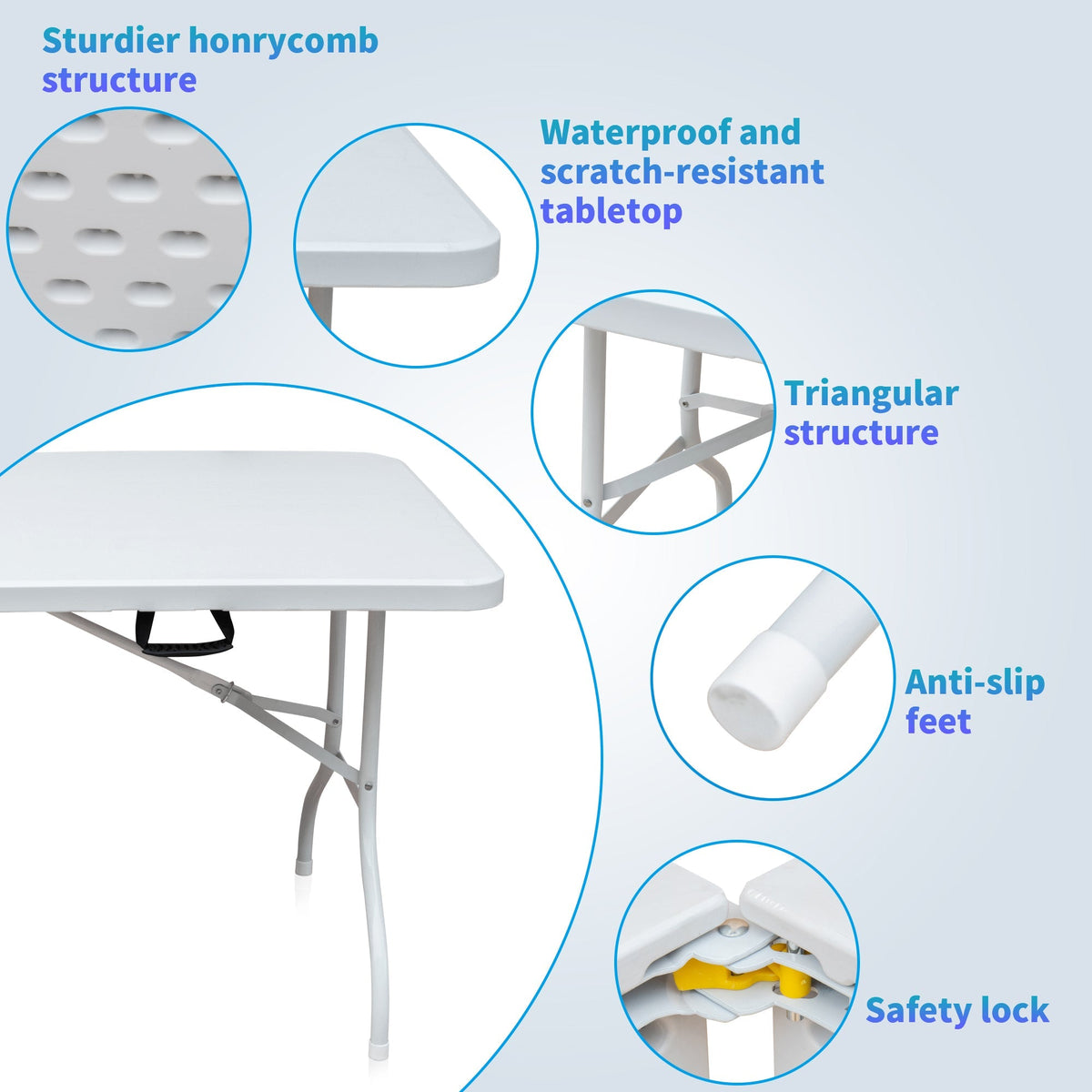 Folding Table 180cm, Portable Adjustable Rustproof, White